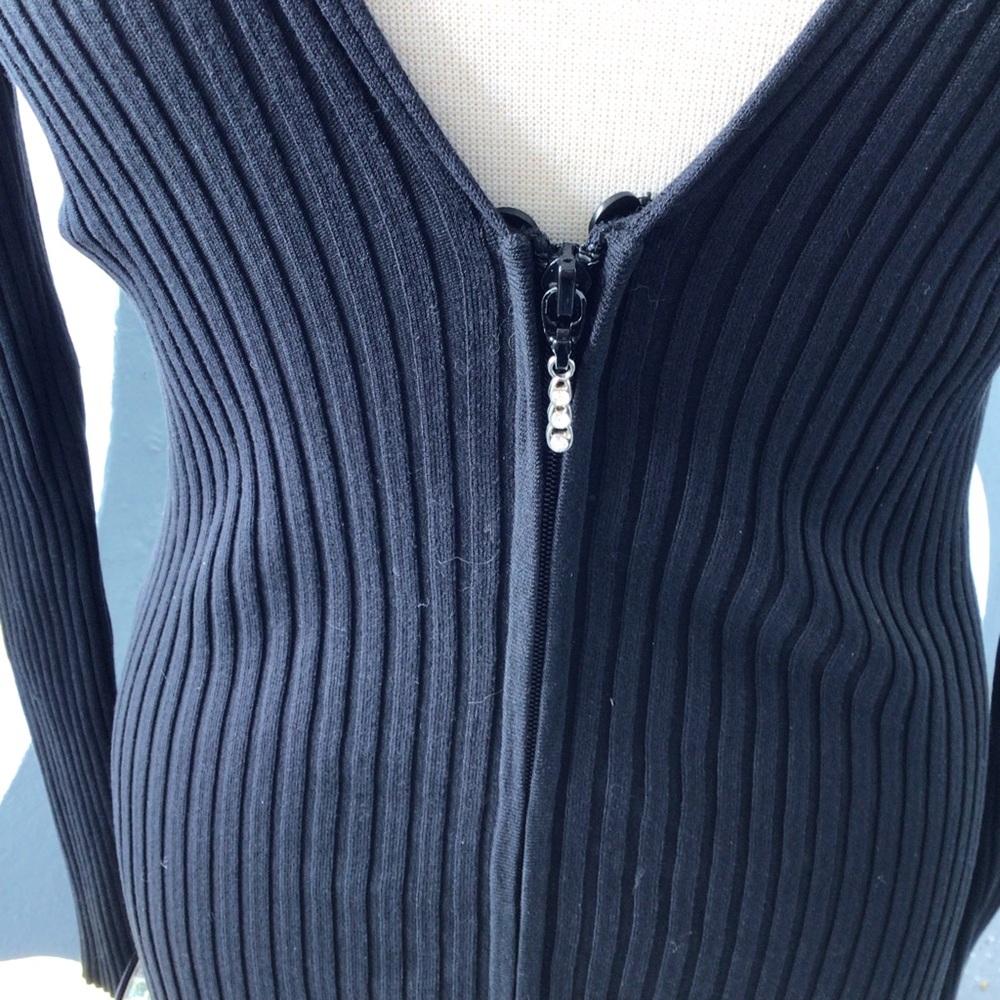 Cache Black Ribbed V-Neck Zip-Up Sweater with Rhinestone Zip Pull Accent - Picture 2 of 10
